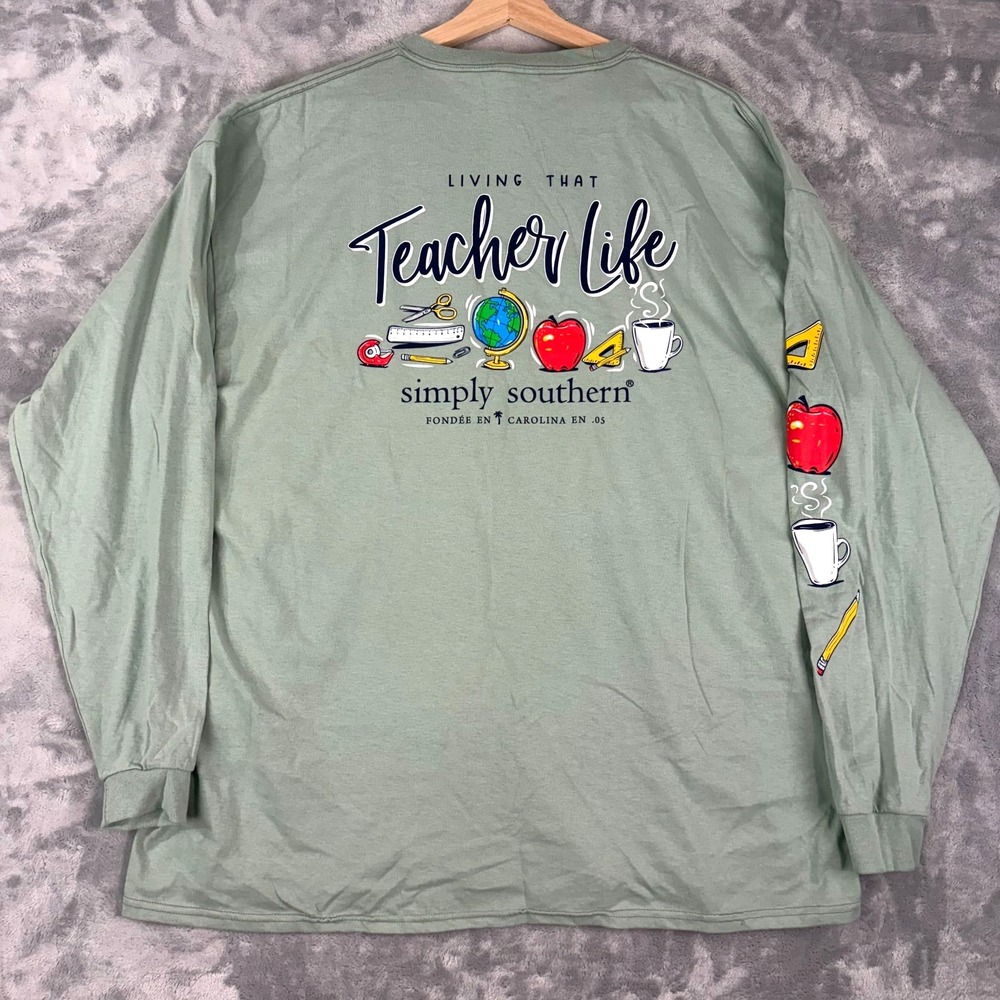 Simply Southern T-Shirt Womens XXL Long Sleeve Teacher Life Inspire Green NEW - Picture 8 of 9